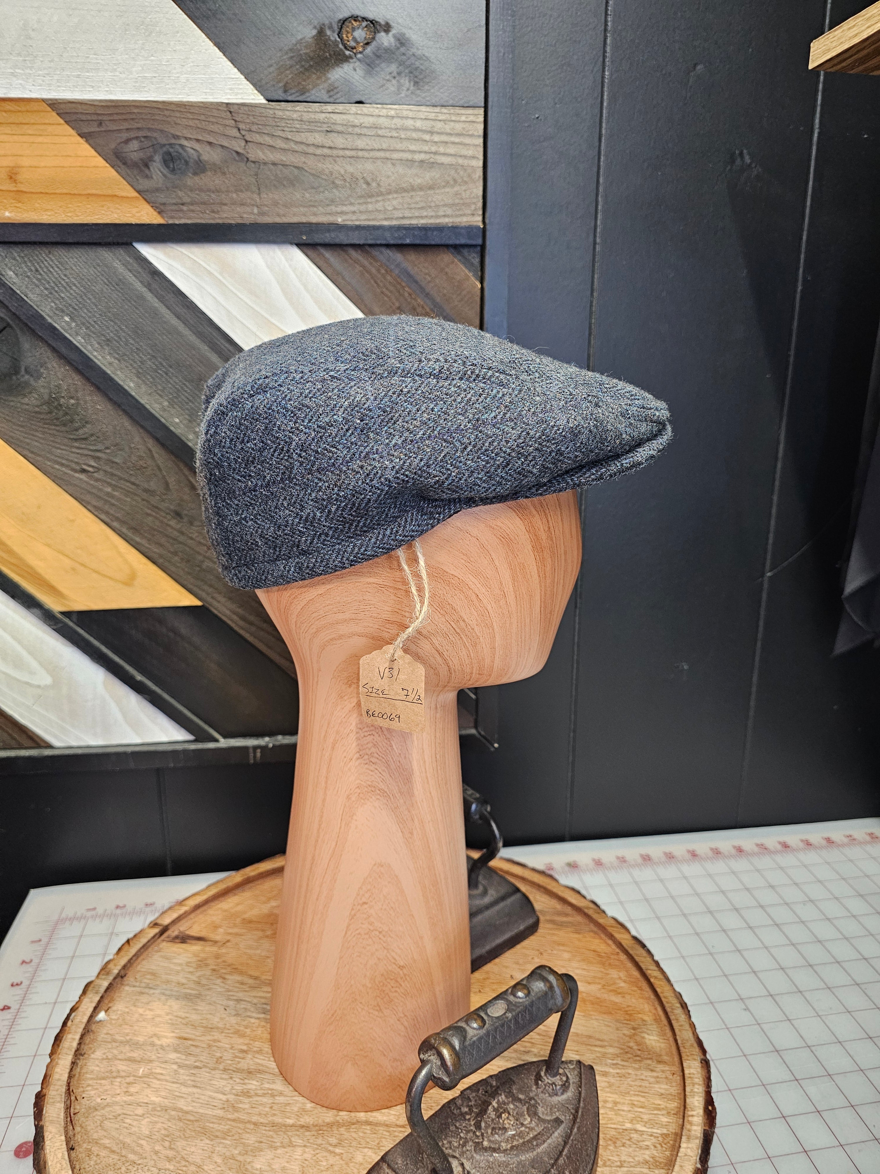 Blue Wool Herringbone Flat Cap