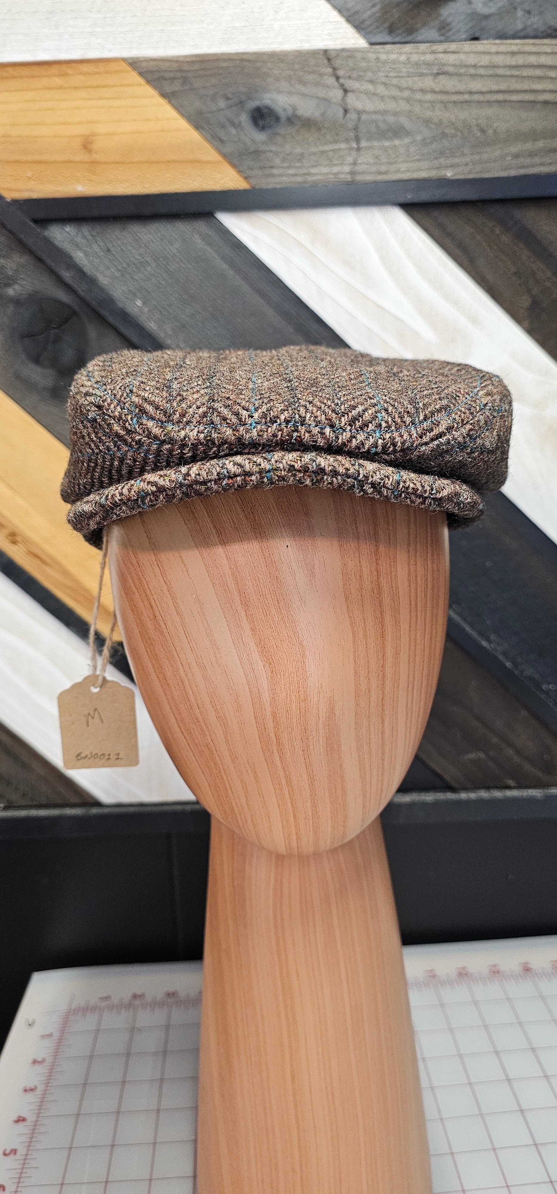 Brown and Teal Herringbone Flat Cap