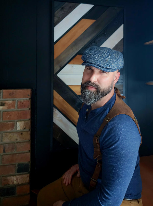 Jeremy in a blue tweed Revival flat cap at the Creative Mercantile in Reedsport