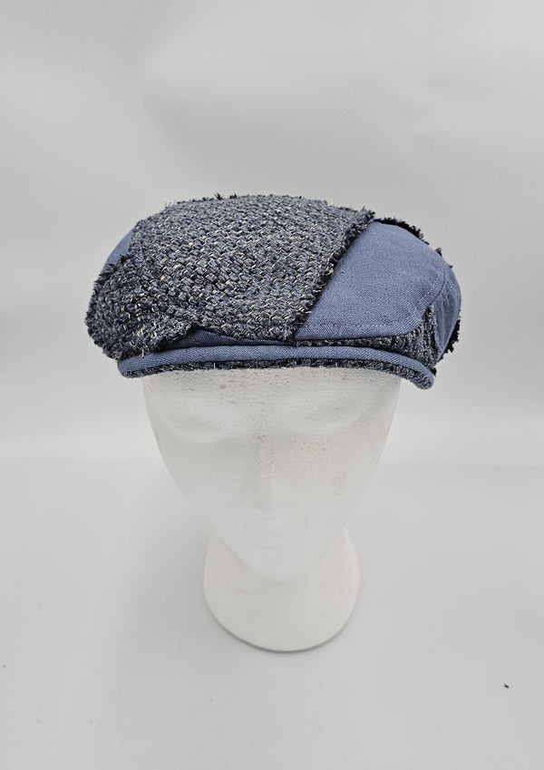 Hard Knox flat cap in blue tweed and chambray with frayed panel edges