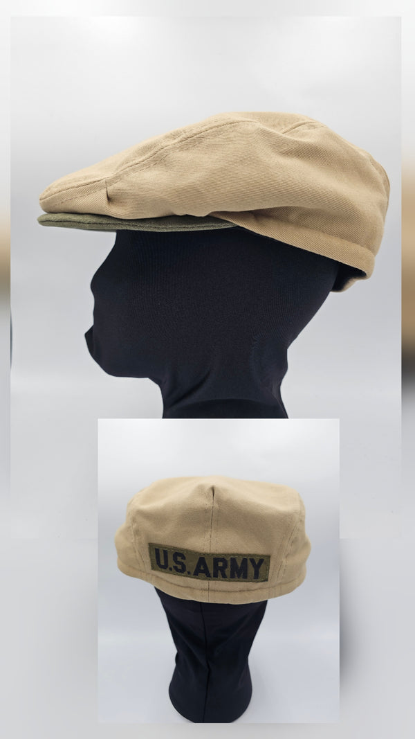 Heirloom flat cap made from a soldier's Army khakis, with the original U.S. Army name tape sewn on the back